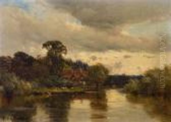 Autumn Evening-a Riverside Farm. Oil Painting by Alfred de Breanski