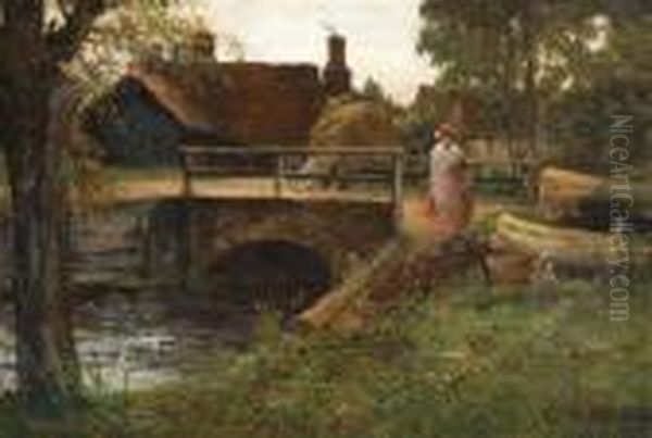 British, - Woman Fetching Wateralong A Canal Oil Painting by Alfred de Breanski