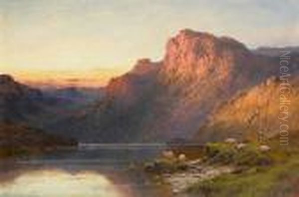 A Sutherlandshire Lake At Sunset; Loch Shin, Sutherlandshire Oil Painting by Alfred de Breanski