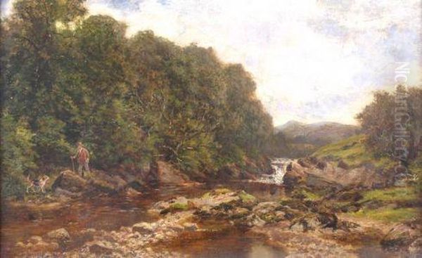 On The River Llugwy, North Wales, And Man With His Dog. Signed Anddated 1889 Oil Painting by Alfred de Breanski