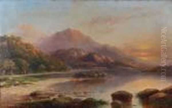 Cattle Watering At A Mountainous Loch Oil Painting by Alfred de Breanski