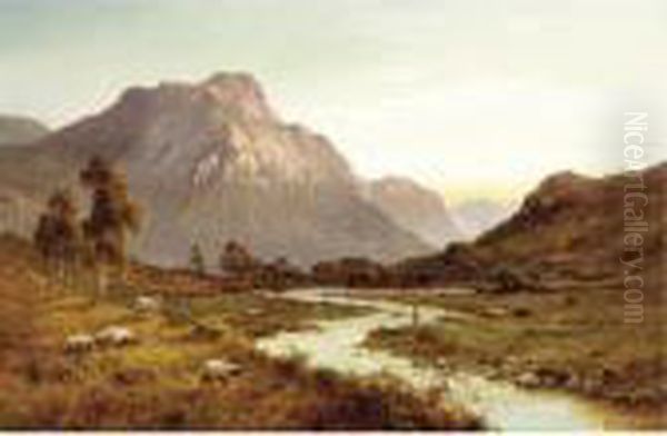 An Angler With Highland Sheep And Cattle Oil Painting by Alfred de Breanski