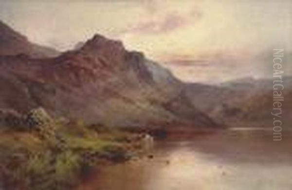 Cattle Watering Beside A Highland Loch Oil Painting by Alfred de Breanski