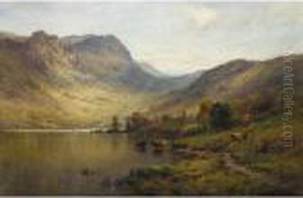 A Sunlit Loch Oil Painting by Alfred de Breanski