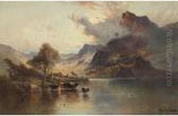 Cattle Watering At Sunset Oil Painting by Alfred de Breanski