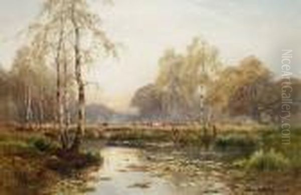 Where The Water Lilies Grow Oil Painting by Alfred de Breanski