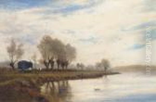 A Misty Morning On The Tow Path At Shepperton Oil Painting by Alfred de Breanski