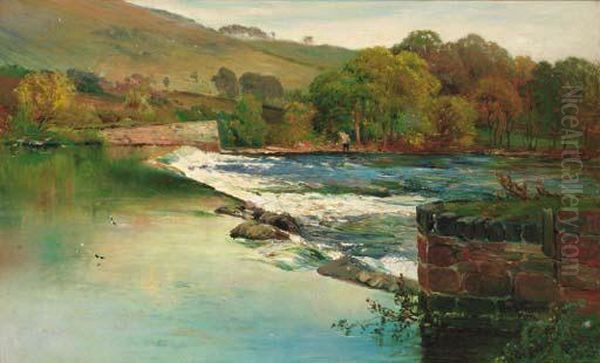 An Angler Fishing By A Weir Oil Painting by Alfred de Breanski