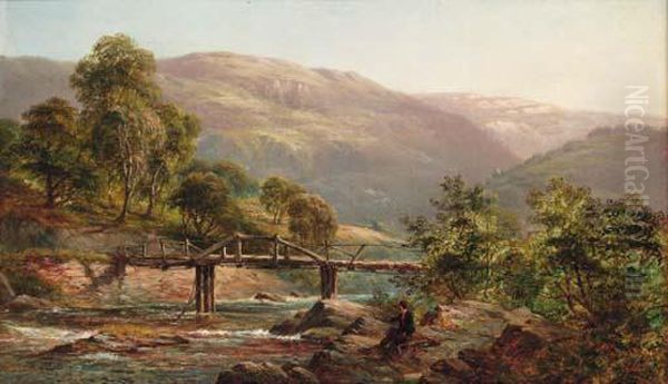 An Angler By A Highland River Oil Painting by Alfred de Breanski