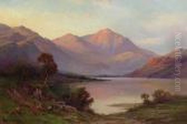 Sunset In The Highlands, With Cattle Watering And Mountainsbeyond Oil Painting by Alfred de Breanski