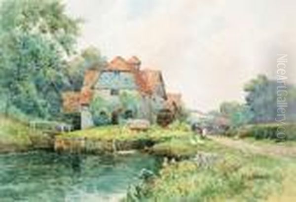 A Village Church; And Mapledurham Mill Oil Painting by Alfred de Breanski