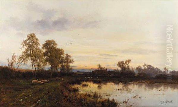 Sunset Over A Farmyard Oil Painting by Alfred de Breanski