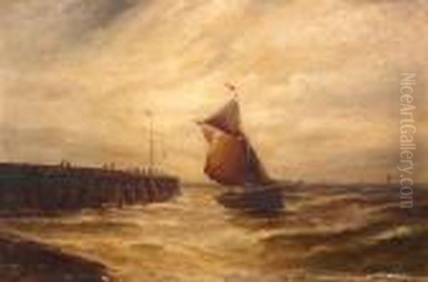 Fishing Boat Off A Jetty; And Companion Oil Painting by Gustave de Breanski