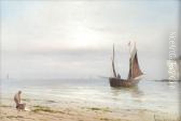 Fishing Boat Off The Shore And Figure On A Beach Oil Painting by Gustave de Breanski