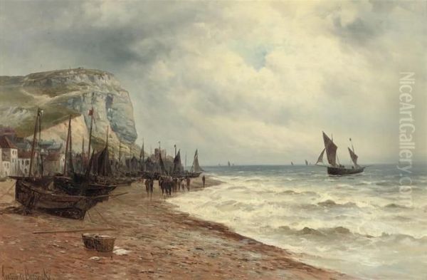 A Hastings Fishing Lugger Returning To The Beach Oil Painting by Gustave de Breanski