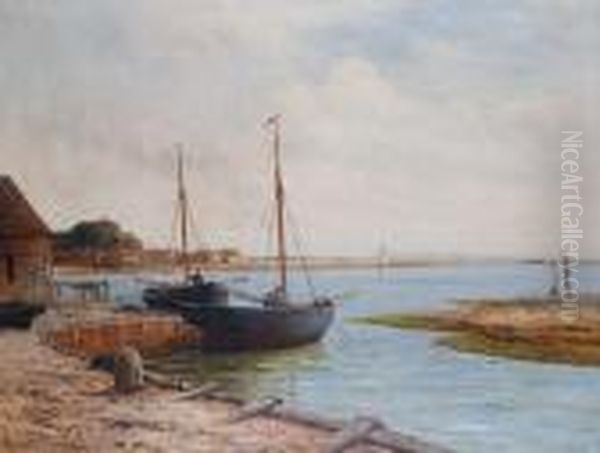 Moored Fishing Boats Oil Painting by Gustave de Breanski