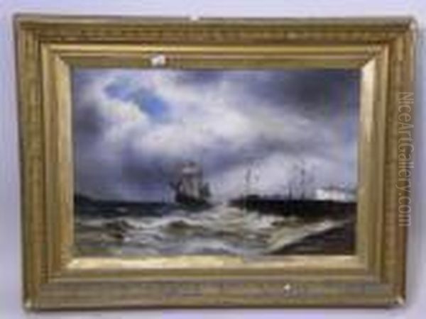 Sailing Vessels Off The Coast Oil Painting by Gustave de Breanski