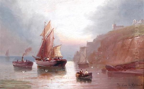 Fishing And Other Boats Beneath The Cliffs At Withy Oil Painting by Gustave de Breanski