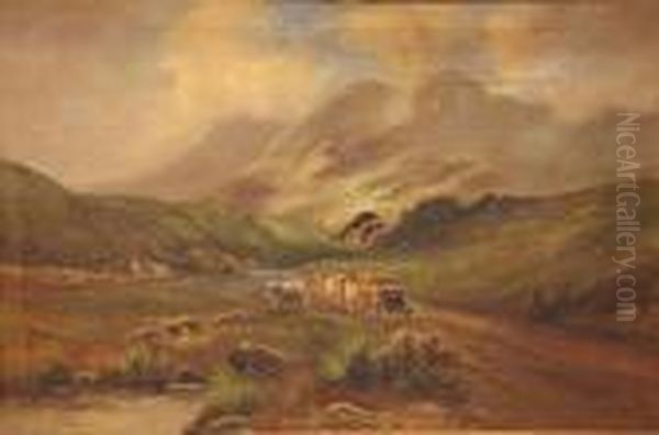 Cattle In A Highland Landscape Oil Painting by Gustave de Breanski