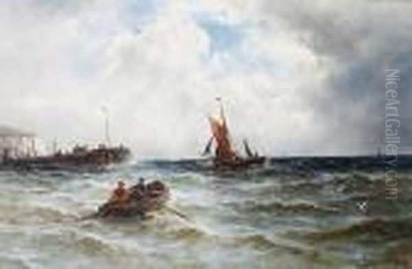 Fishermen In A Harbour Mouth Oil Painting by Gustave de Breanski