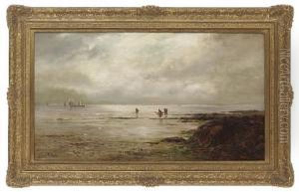 Gathering Cockles At Low Tide Oil Painting by Gustave de Breanski