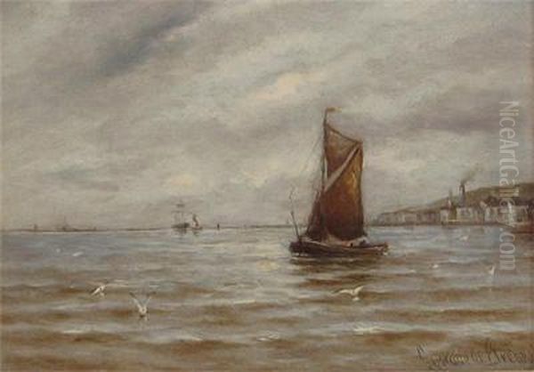 A Fishing Boat Near The Shore Oil Painting by Gustave de Breanski