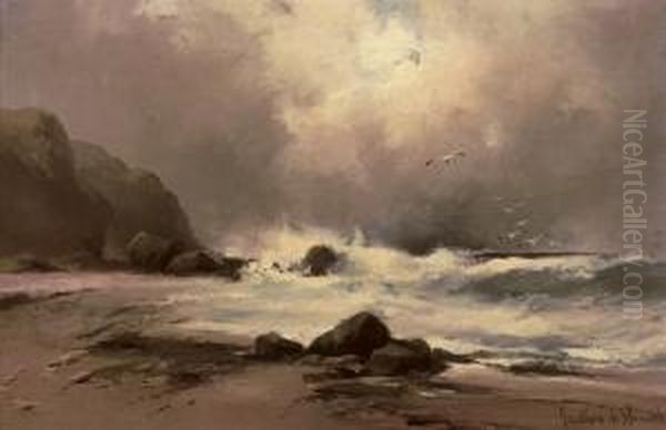 Waves Against A Beach Oil Painting by Gustave de Breanski