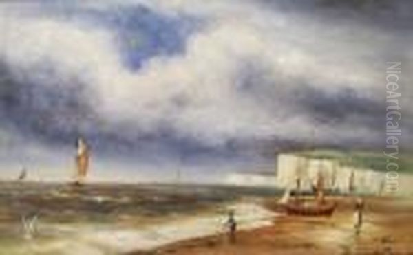 Coastal Inlet With Fishing Boats And Figures Oil Painting by Gustave de Breanski