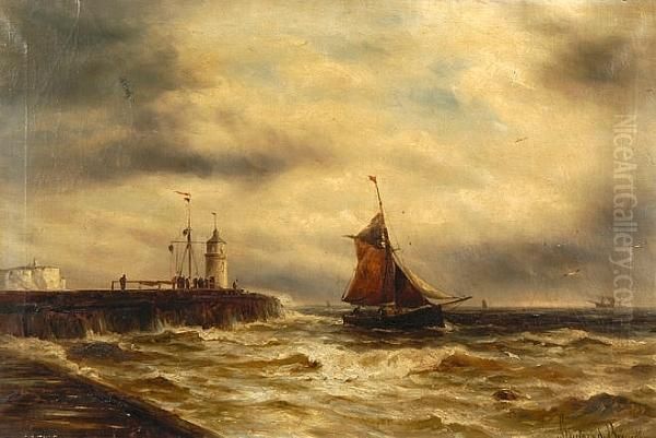 Fishing Boat Leaving Dover In Rough Seas Oil Painting by Gustave de Breanski