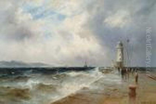 Figures On A Lighthouse Jetty Oil Painting by Gustave de Breanski