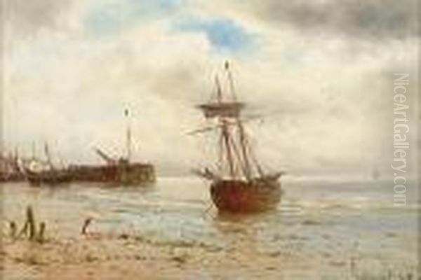 Beached Fishing Boat At The Entrance To A Harbour Oil Painting by Gustave de Breanski