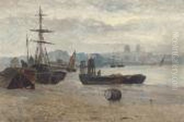 Beached Ships With A Townscape In The Distance Oil Painting by Gustave de Breanski