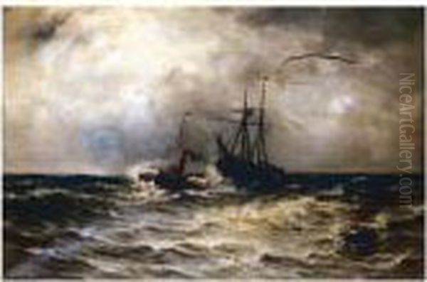 Steam Barge Towing Ship Oil Painting by Gustave de Breanski