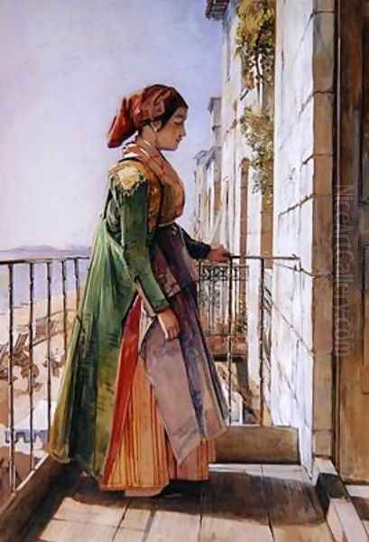 A Greek Girl Standing on a Balcony Oil Painting by John Frederick Lewis