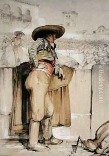 A bullfighter watches from behind the barricade Oil Painting by John Frederick Lewis