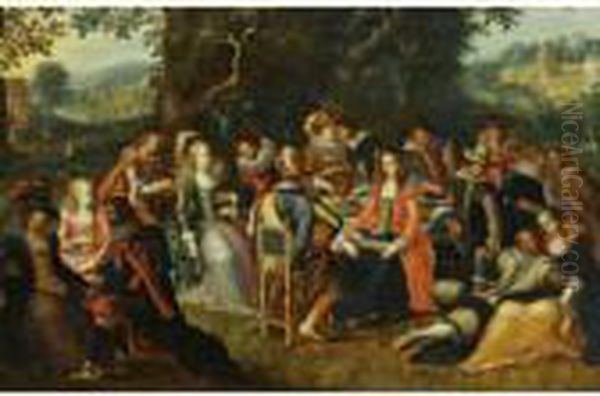 An Elegant Company Dining And Making Music In A Forest Landscape Oil Painting by Louis de Caullery