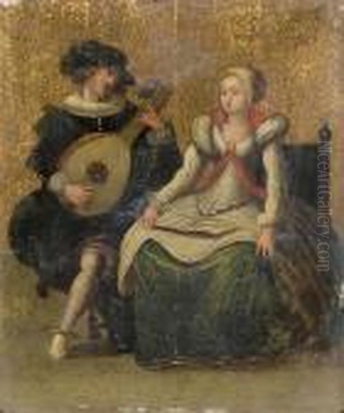 An Elegant Couple Playing Music In An Interior Oil Painting by Louis de Caullery