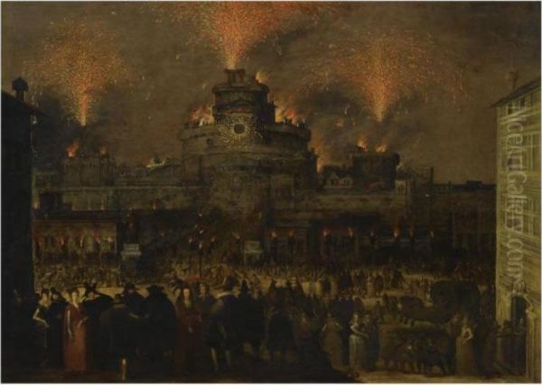 Rome, A View Of Castel 
Sant'angelo With Figures Revelling Outdoors,with Fireworks And A 
Catherine Wheel Above Them Oil Painting by Louis de Caullery