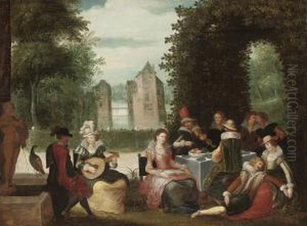 Elegant Company Making Music In A Garden With A River Beyond Oil Painting by Louis de Caullery