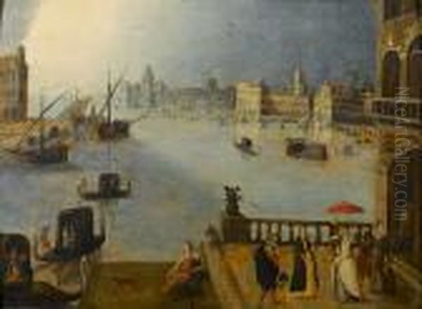 A Venetian 
Capriccio
, With Elegant Figures On A Terrace Oil Painting by Louis de Caullery