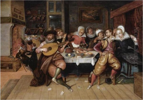 An Elegant Company Making Merry While Eating And Drinking Around A Table In An Interior Oil Painting by Louis de Caullery