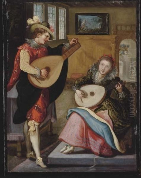 A Couple Playing The Lute In An Elegant Interior Oil Painting by Louis de Caullery