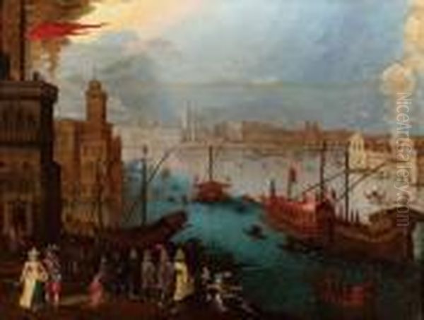 Veduta Fantastica Del Bacino Di 
San Marco A Venezia Con Il Bucintoro E Fuochi Artificiali Oil Painting by Louis de Caullery