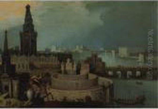 An Imaginary City By A River With A Horseman Hunting A Lion Oil Painting by Louis de Caullery