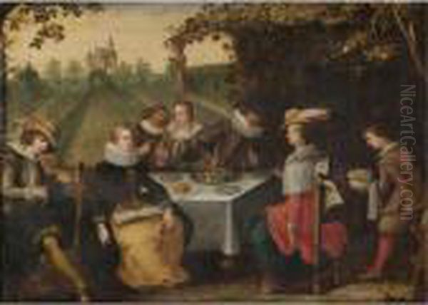 An Elegant Company Dining In A Formal Garden Oil Painting by Louis de Caullery