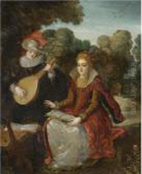 An Elegant Courting Couple In A 
Park, The Gentleman Playing A Lute And The Lady Holding A Book Oil Painting by Louis de Caullery