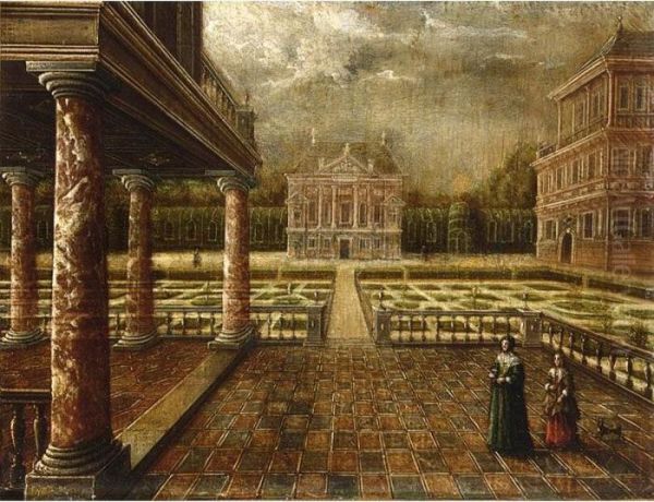 A Formal Garden With A Loggia And Two Palaces Oil Painting by Louis de Caullery