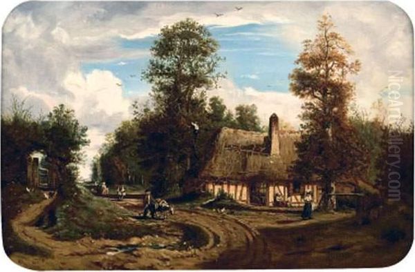 Muletier Arrivant Pres D'une Ferme, Circa 1870 Oil Painting by Louis de Caullery