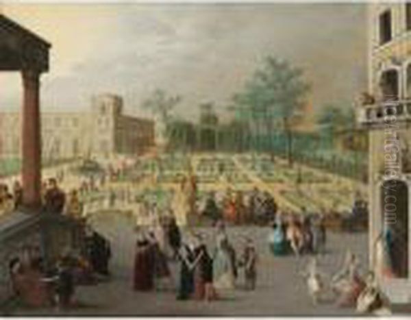 A Palace Garden With Elegant Couples Dancing Oil Painting by Louis de Caullery