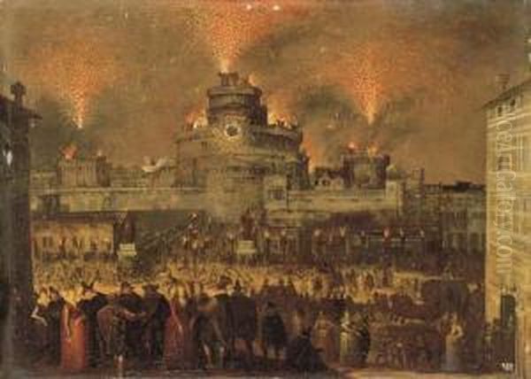 A Firework Display At The Castel San' Angelo, Rome Oil Painting by Louis de Caullery